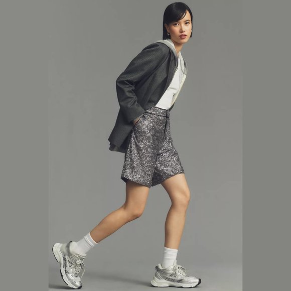 NEW Maeve Size L, Women's Sequin Longline Shorts - Silver - Picture 5 of 8